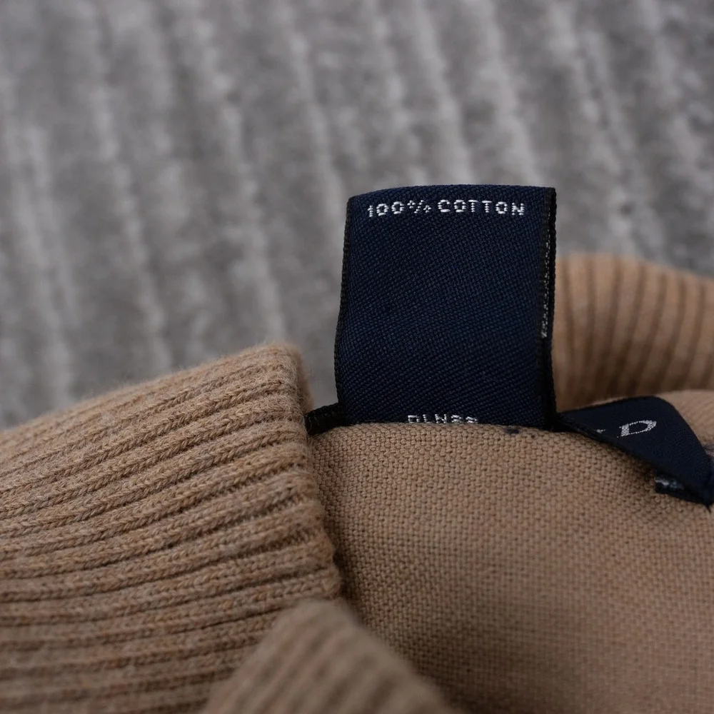 Lands End Mens XXL Tan 1/4 Zip Cotton Sweater Elbow Patches Mock Neck Pullover
